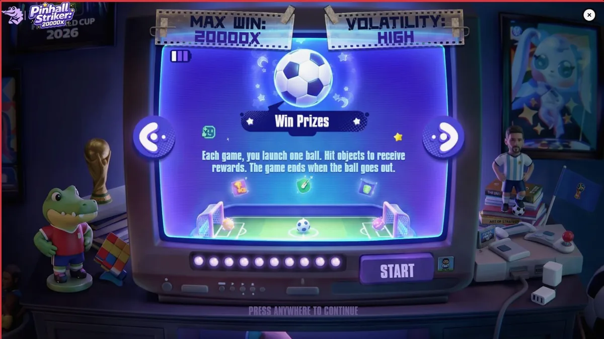 Pinball Striker 20,000x gameplay screen na nagpapakita ng neon stadium at pinball mechanics